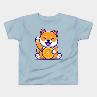 Cute Shiba Inu Dog With Gold Coin Cartoon Kids T-Shirt